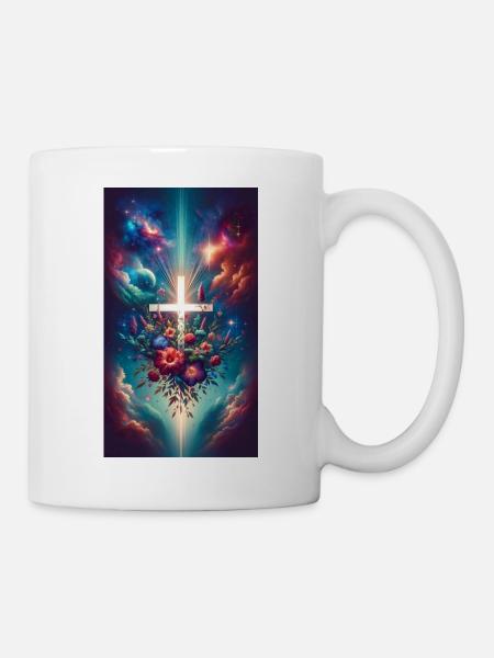 Cosmic Floral Cross Flowers in the Sky Outer Space - Mug - white