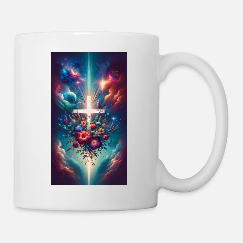 Cosmic Floral Cross Flowers in the Sky Outer Space - Mug - white
