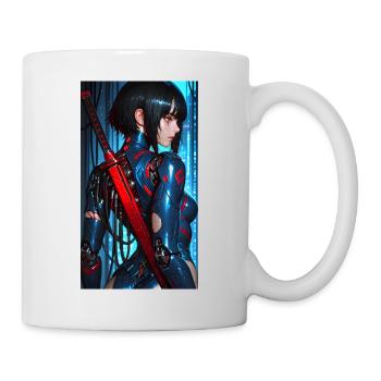 3D Blau/Rot Cyberpunk-Samurai-Kriegerin mit Katana - Tasse - Weiß - Rechts