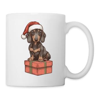 Weihnachts-Dackel mit Geschenk – Süßes Xmas Motiv - Tasse - Weiß - Rechts
