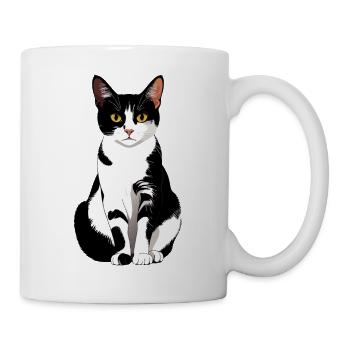 schöne Schwarz Weiß Katze sitzt frontal Grafik - Tasse - Weiß - Rechts