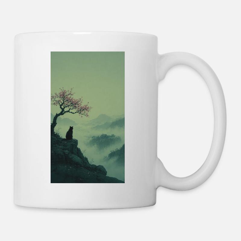 Schwarze Katze am Sakura-Baum – Asian Zen Design - Tasse - Weiß