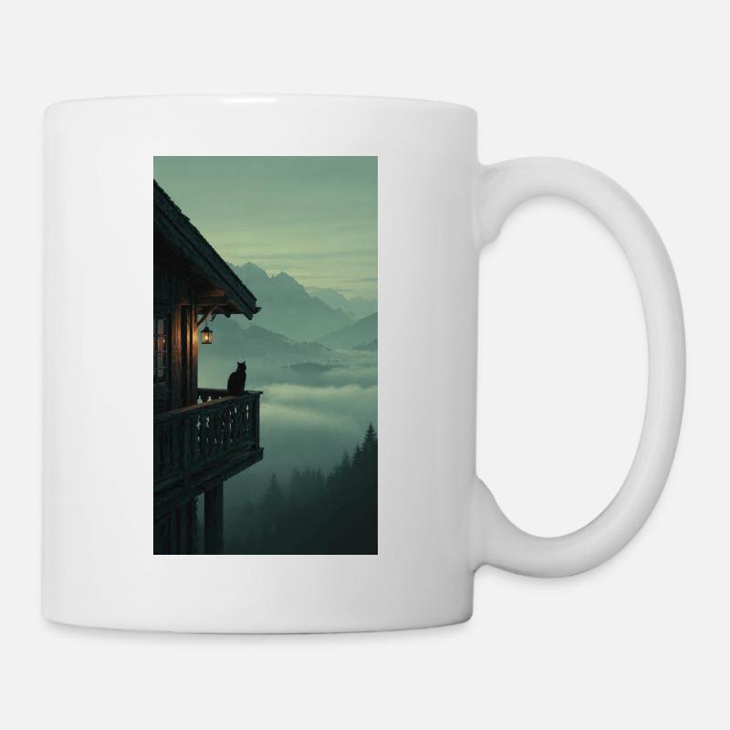 Schwarze Katze am Bergbalkon – Asian Zen Design - Tasse - Weiß