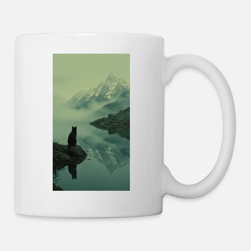 Black Cat at Mountain Lake – Asian Zen Design - Mug blanc - blanc
