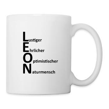 Leon, Namensbeschreibung Vorname - Tasse - Weiß - Rechts