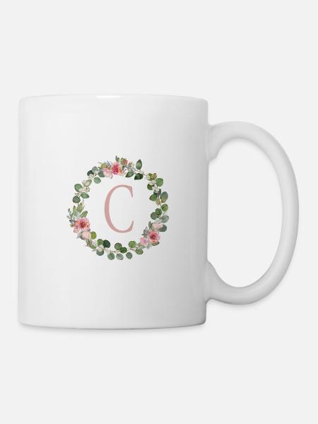 C Monogramm Eukalyptus-Rosen-Kranz - Tasse - Weiß