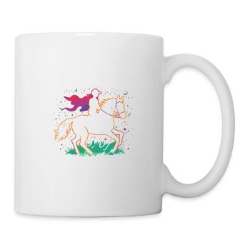 Leuchtender Einhornreiter auf bunter Wiese - Tasse - Weiß - Rechts