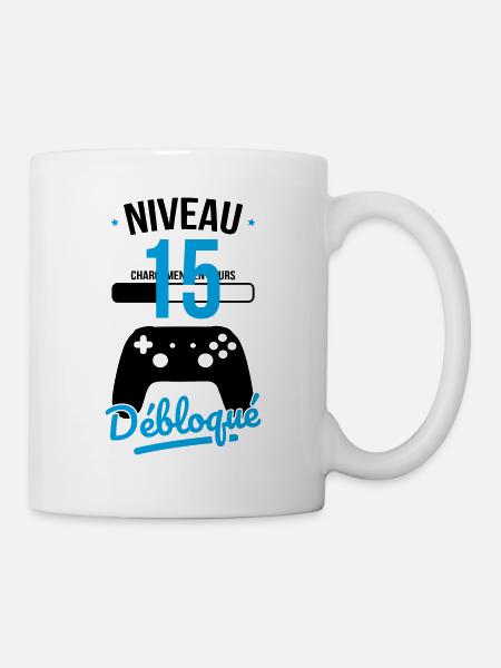 Anniversaire 15 ans - Niveau 15 débloqué - Gamer - Mug blanc - blanc