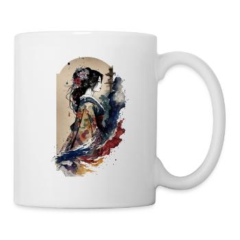Geisha Aquarell Meer Wellen Asiatische Kunst Frau - Tasse - Weiß - Rechts