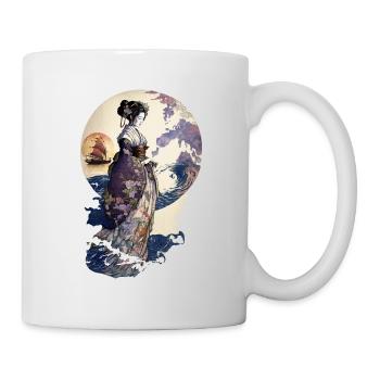 Geisha Aquarell Meer Wellen Asiatische Kunst Frau - Tasse - Weiß - Rechts