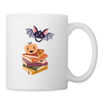 Bat and pumpkin on Halloween book pile - Mug - white - Right