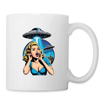 A beautiful woman is terrified of UFO invasion. - Mug - white - Right