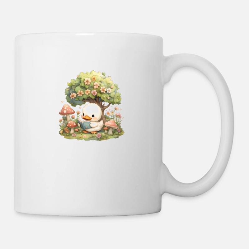 Kawaii Duck Reading Under Tree Mushrooms - Mug - white