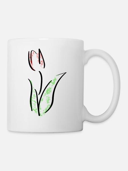 Tulpe Line Art - Minimalistisch mit Farbklecksen - Tasse - Weiß