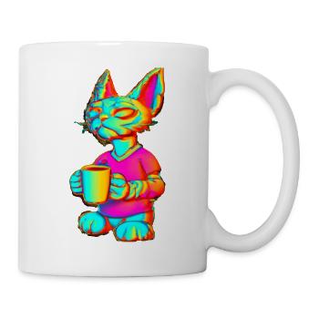 Katze hält Kaffeetasse in psychedelischen Farben - Tasse - Weiß - Rechts
