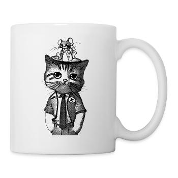 Sur la tête d’un chat est assis une jeune souris. - Mug blanc - blanc - Droite