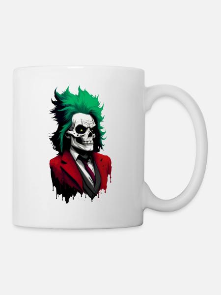 Totenkopf mit grünen Haaren und roten Anzug - Tasse - Weiß