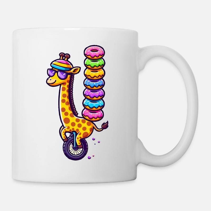 Giraffe auf einem Einrad mit bunten Donuts - Tasse - Weiß
