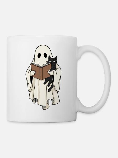 Reading Ghost with Cat in Book - Mug - white