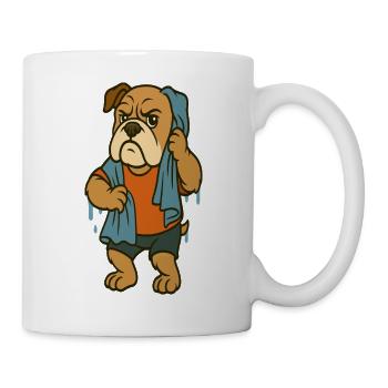 Nasses Bulldoggen-Maskottchen trocknet mit großem Handtuch - Tasse - Weiß - Rechts