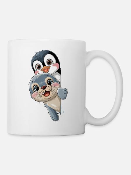 Süßer Pinguin Und Seehund Cartoon Für Kinder - Tasse - Weiß
