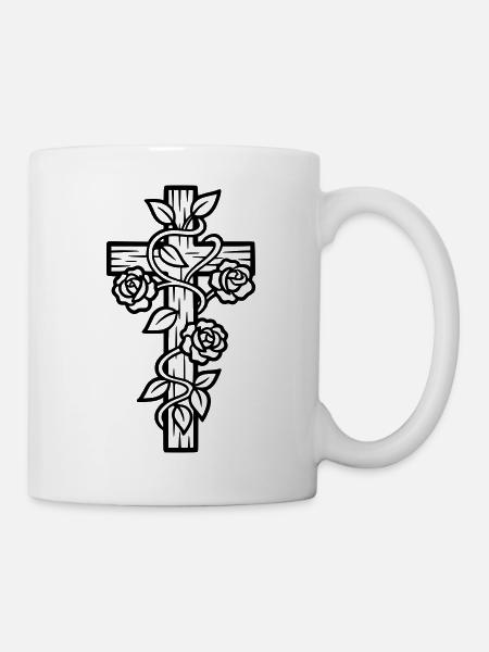 Kreuz mit Rosen Ranken Natur Vektor - Tasse - Weiß
