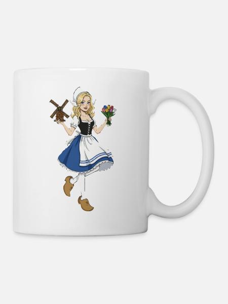 Holland Girl Tulpen und Windmühle - Tasse - Weiß