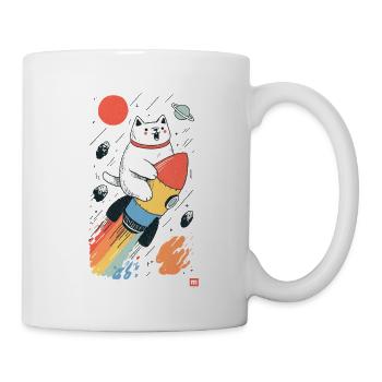 Katze auf Rakete im bunten Weltraum - Tasse - Weiß - Rechts