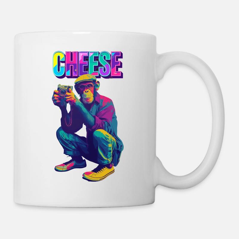 Cheese! Affe mit Kamera im Neon Pop-Art Stil - Tasse - Weiß