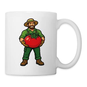Gardener with giant tomato from the vegetable garden - Mug - white - Right