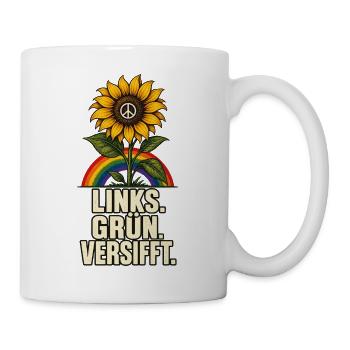 Links Grün Versifft – Sonnenblume und Peace - Tasse - Weiß - Rechts