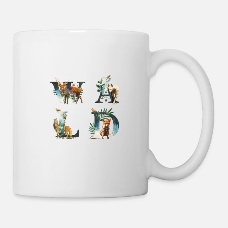 Forest motif with animals - deer, wolf, fox - Mug - white