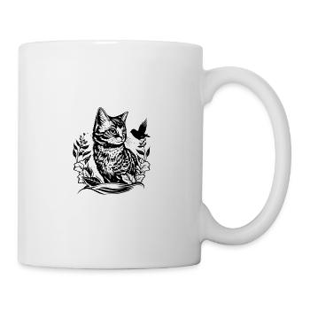 Katzenwald Linienzeichnung mit Vogel - Tasse - Weiß - Rechts