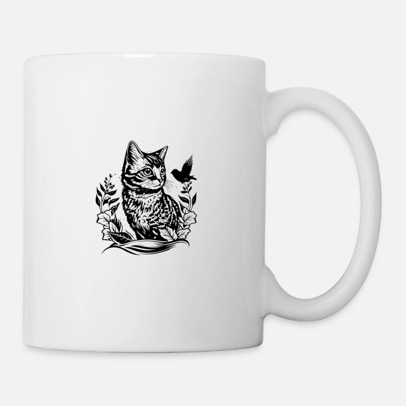 Cat Forest Line Drawing with Bird - Mug - white