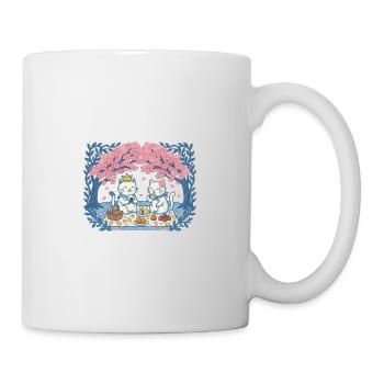 Real cats on picnic between sakura - Mug - white - Right
