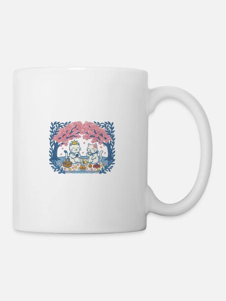 Real cats on picnic between sakura - Mug - white