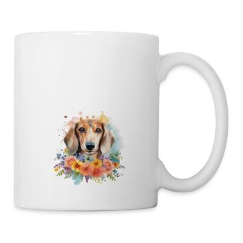 Dachshund Dog Teckel Watercolor Art Flowers - Mug - white - Right