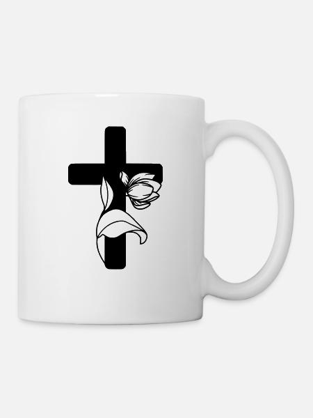 Schönes Kreuz mit Blume - Tasse - Weiß