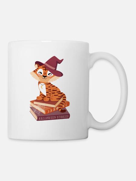 Tiger auf Halloween-Bücherstapel - Tasse - Weiß