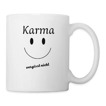 Karma vergisst nicht , lachendes Gesicht - Tasse - Weiß - Rechts