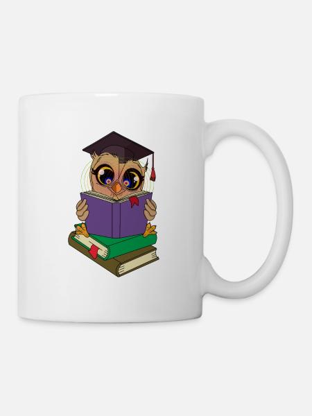 Lese Eule mit Büchern - Tasse - Weiß