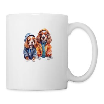 Funny spaniel family in dog clothes. - Mug - white - Right