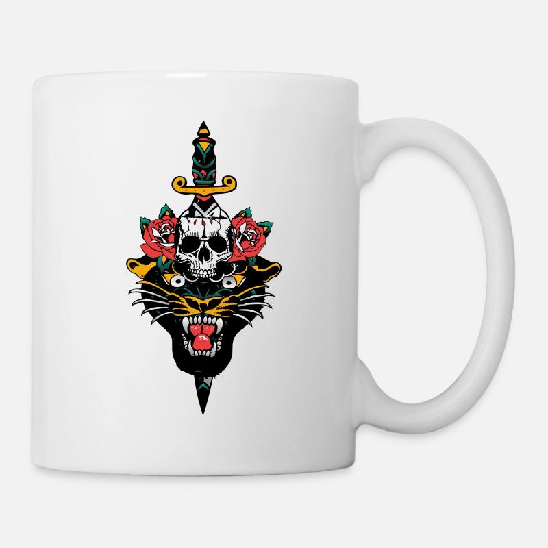 panthere tete de mort crane dague fleur rose poign - Mug blanc - blanc