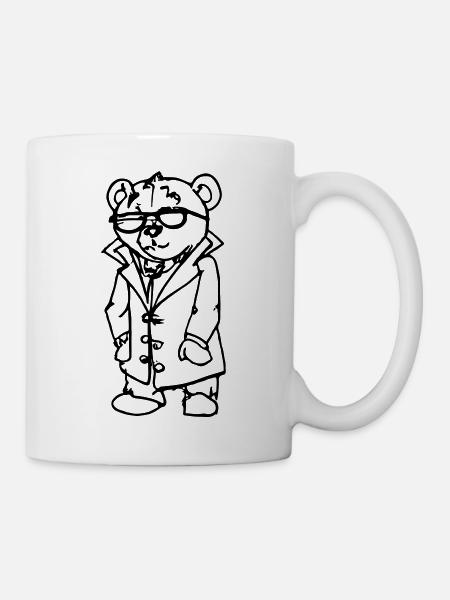 Teddybär mit Sonnenbrille und Anzug, Line Art - Tasse - Weiß