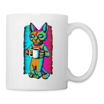 Katze hält Kaffeetasse in psychedelischen Farben - Tasse - Weiß - Rechts