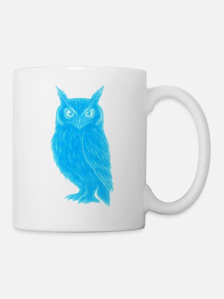 Blaues LeuchtEulenMotiv - Tasse - Weiß