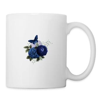 Blauer Blumenstrauß u. Schöner blauer Schmetterling - Tasse - Weiß - Rechts