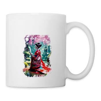 Geisha,Watercolor,Landscape,Painting,Anime,Sakura - Mug - white - Right