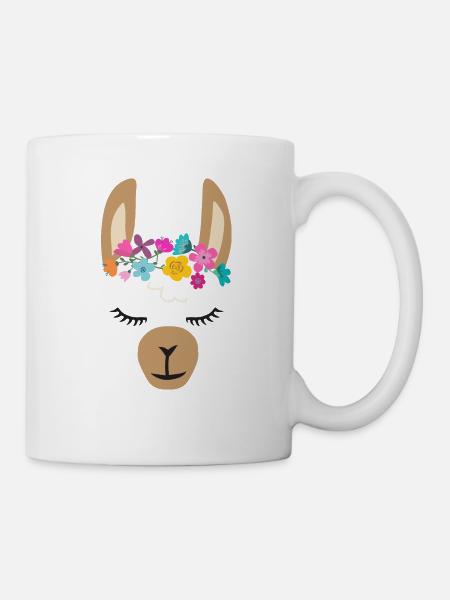 Süßes Lama Alpaca Gesicht mit Blumen - Tasse - Weiß