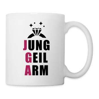jung, geil arm - JGA T-Shirt - JGA Shirt - Party - Tasse - Weiß - Rechts